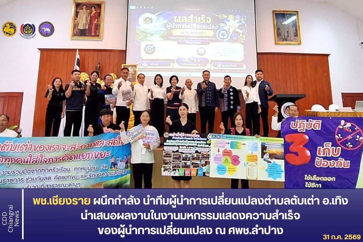 พช.เชียงราย ผนึกกำลัง นำทีมผู้นำการเปลี่ยนแปลงตำบลตับเต่า อ.เทิง นำเสนอผลงานในงานมหกรรมแสดงความสำเร็จ ของผู้นำการเปลี่ยนแปลง ณ ศพช.ลำปาง